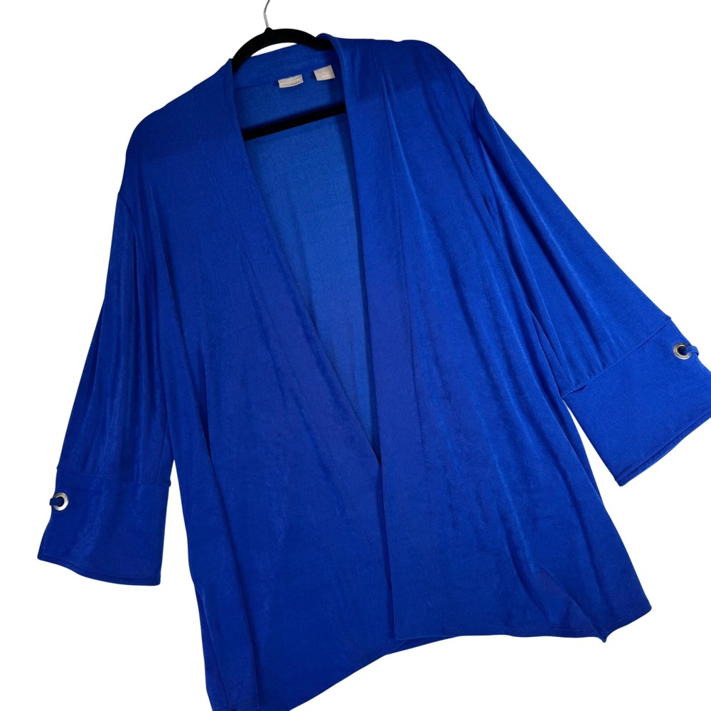 Chicos Travelers Royal Blue Open‎ Front Cardigan Grommet Cuff Size 2 Large 12/14
